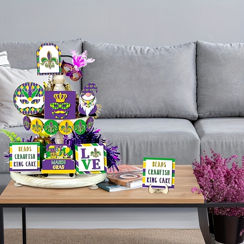 

13pcs Mardi Gras Tiered Tray Decor Set, Wooden Clown Mask Table Signs, Multipurpose Carnival Centerpiece, English Letter , Masquerade Party New Orleans Favor, Home Kitchen Shelf Decor