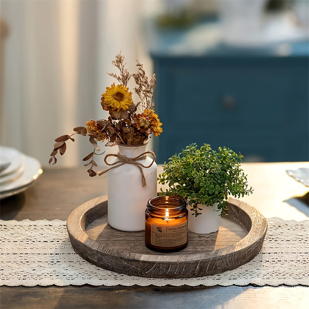 

1pc, Round Wooden Decorative Tray, Rustic Farmhouse Candle Holder Centerpiece For Holidays And Home Decor, Unfinished Wood Design