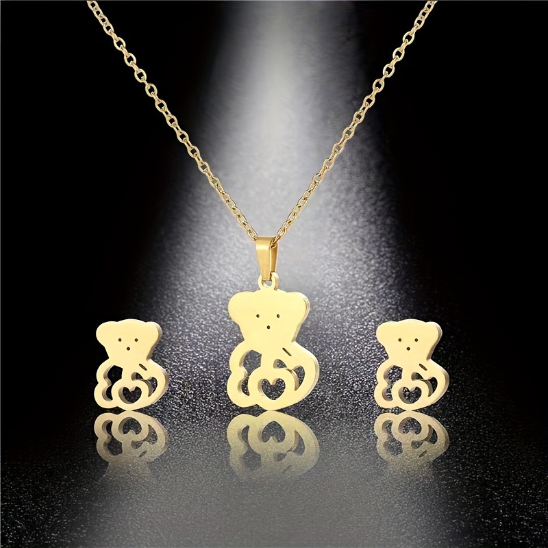 

Stud Earrings + Necklace Cute Jewelry Set Made Of Stainless Steel Cute Bear Design Golden Or Silvery Pick A Color U Prefer Casual Dating Decor