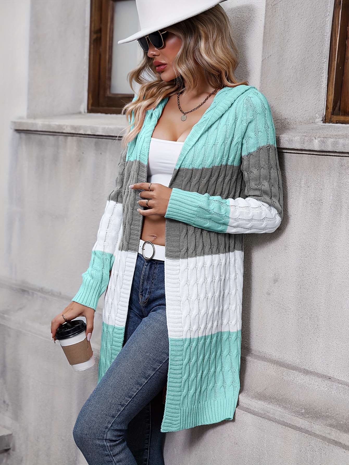 Women's Casual Hooded Cardigan - Color-Block Striped Design, Long Sleeve Open Front