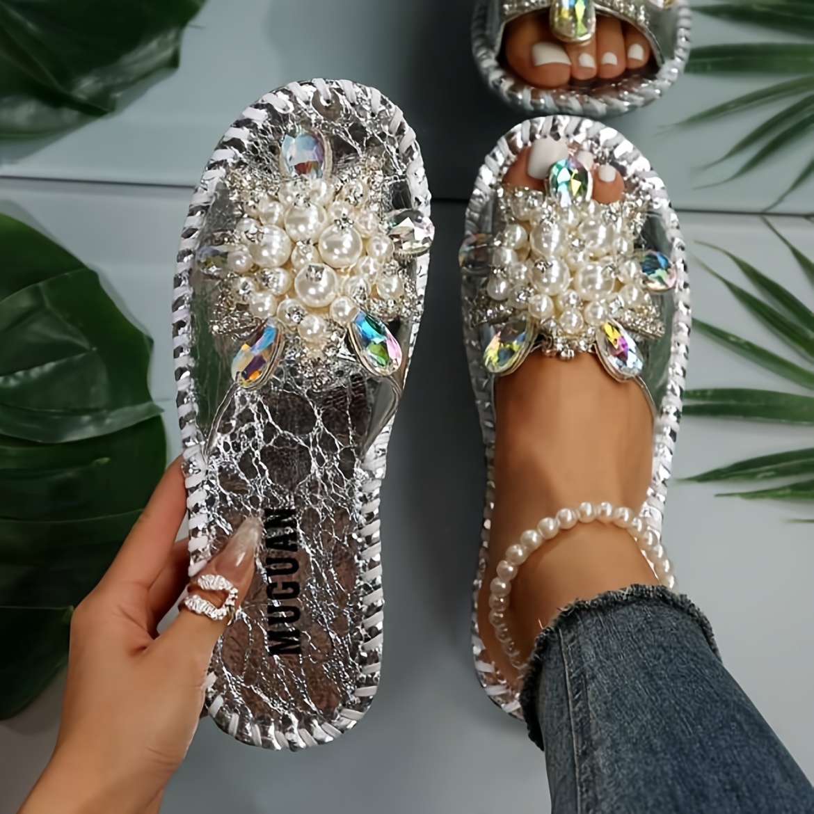 Women's Flat Slip-On Sandals with Embellishments Open-Toe Summer Slide  Shoes, Synthetic Cover Upper Non-Slip Rubber Sole for Casual Beachwear, P