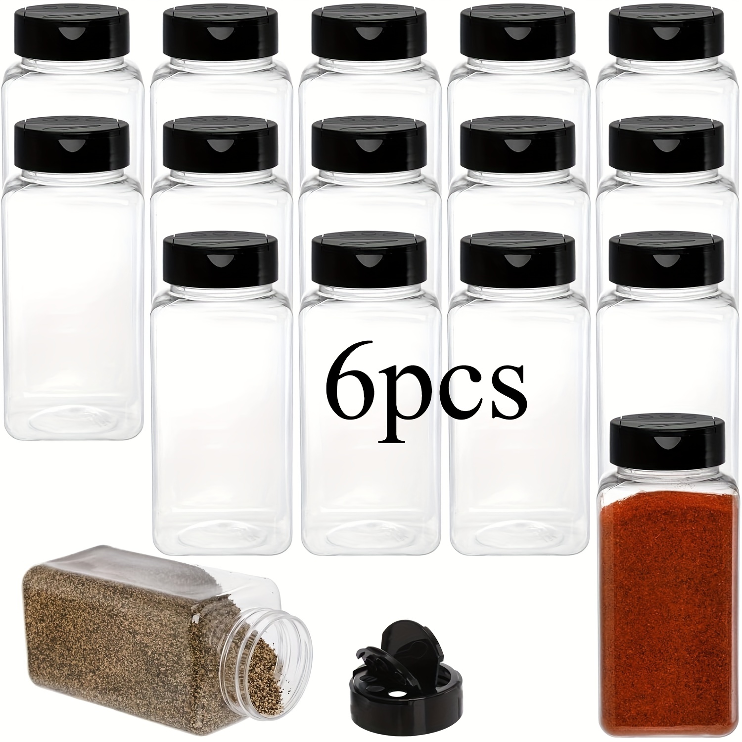 Image of 6pcs 520ml/17oz Clear Plastic Spice Jars Spice Containers Spice Bottles Seasoning Organizer With Black Lids, Square Seasoning Containers With Reusable Salt And Pepper Shakers, Featuring Airtight Lids