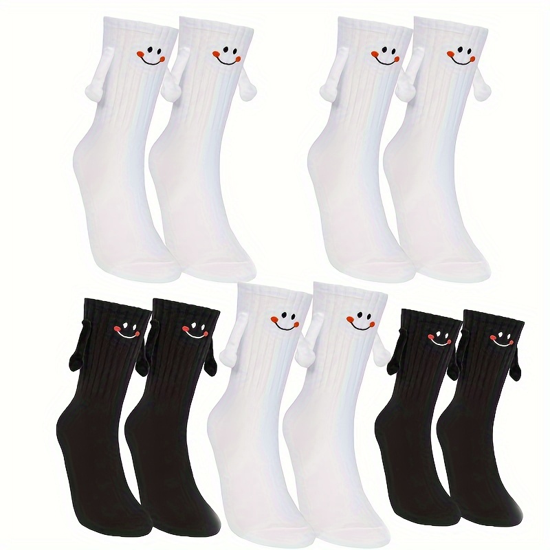 

5pcs Magnetic Hand-holding Socks - Fun & Quirky Mid-calf Socks With Smiling , Soft Polyester , 3.0% Spandex - 2 White, 2 Black, 1 Pair Of Colors, Cute Socks