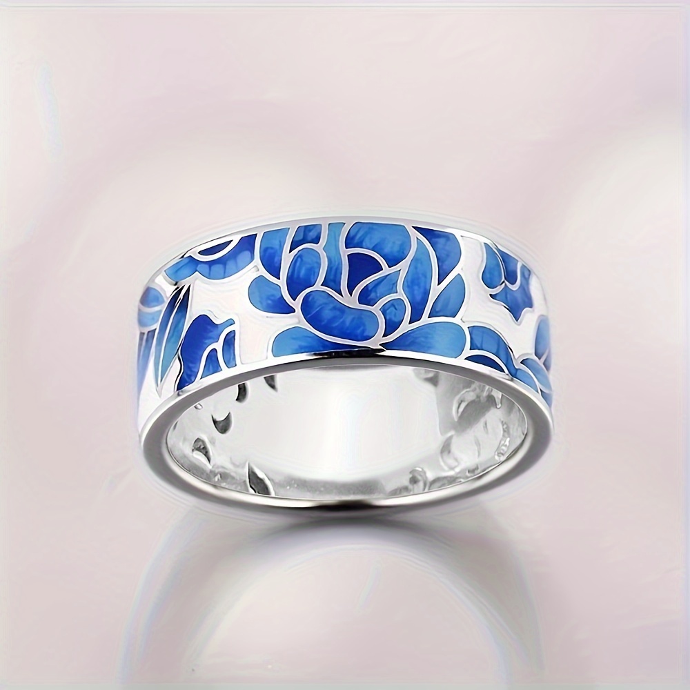 Image of Stylish Elegant Blue Flower Wide Band Ring For Women' Casual Party Wear Anniversary Gift