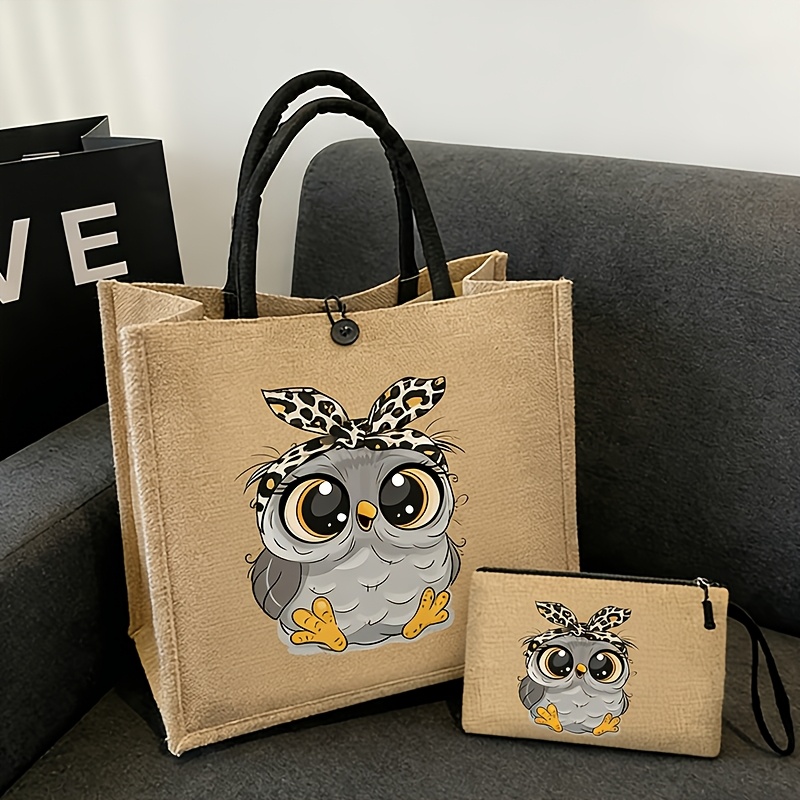 Image of Middle East New Hot Trend, Owl Letter Print, Easy And Fashionable, Versatile Women's Large Capacity Bag, Tote Bag, Student Bag, Handbag, Shoulder Bag, Lunch Box Bag, Folding Shopping Bag, Storage Bag