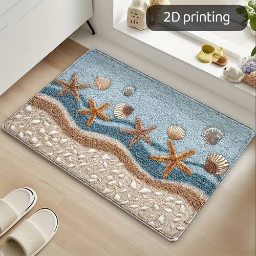 2d printing 1pc shell floor mat anti slip beach bathroom mat with coastal and shell design made of beige turquoise material suitable for kitchen bathroom entrance bedroom home decoration wear resistant