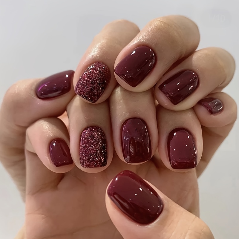 

24-piece Red Glitter Press-on Nails, Square Shape, Middle Length, Glossy Finish With Pure Color And Sparkle Accents - Fashionable And Easy To Wear Nail Forms