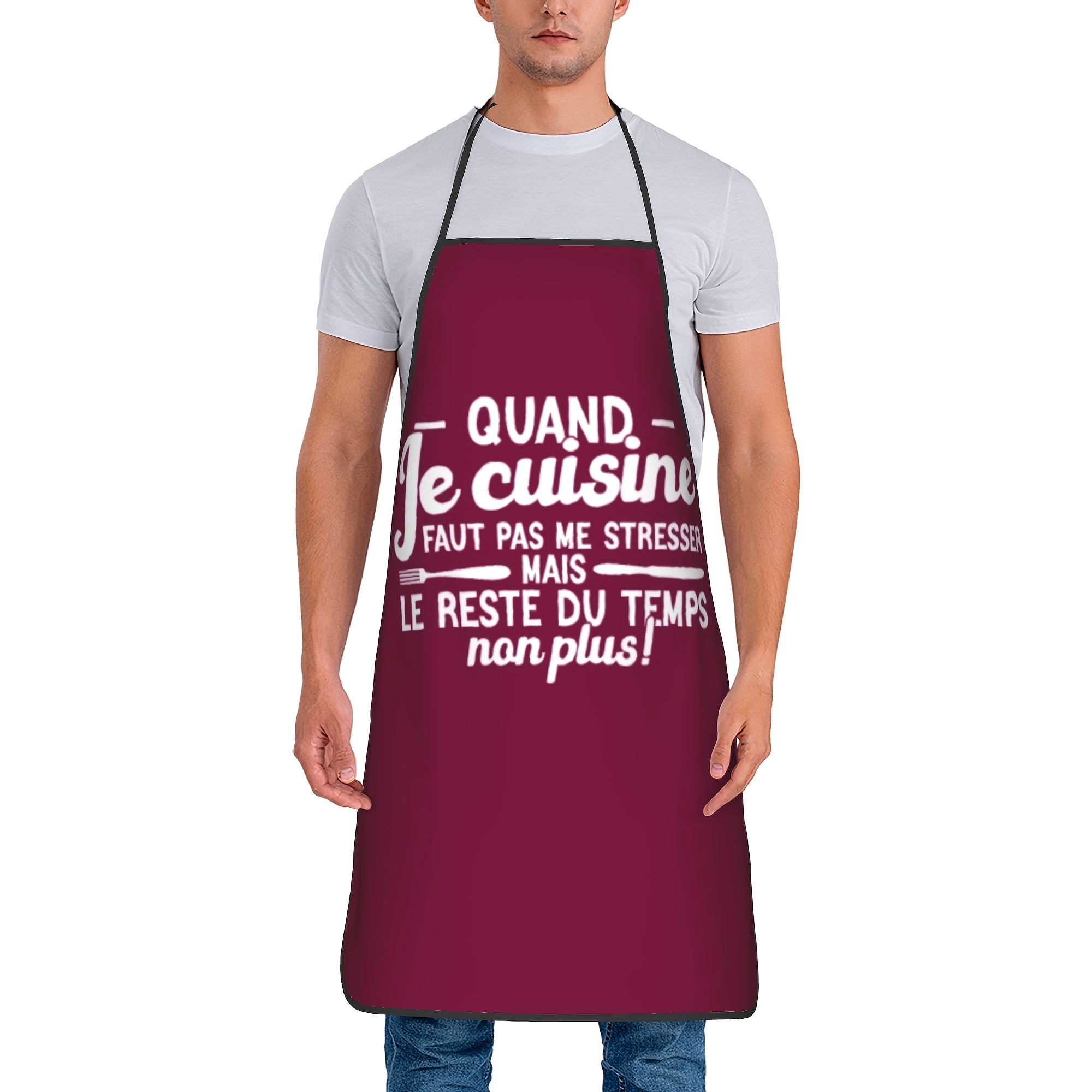 TEMU 1 tablier de cuisine français amusant - Tablier de chef " anxieux", design rouge foncé et blanc, tablier de cuisine durable en polyester pour ,