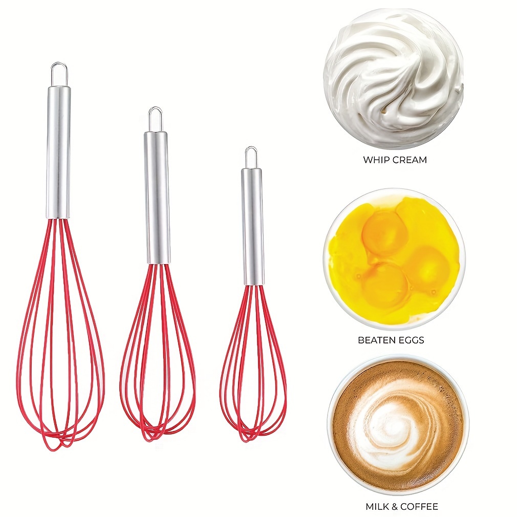 

3pcs Silicone Whisk Stainless Steel Wire Heat Resistant Cookware Balloon Egg Beater Stirring Whisk Color Box Package