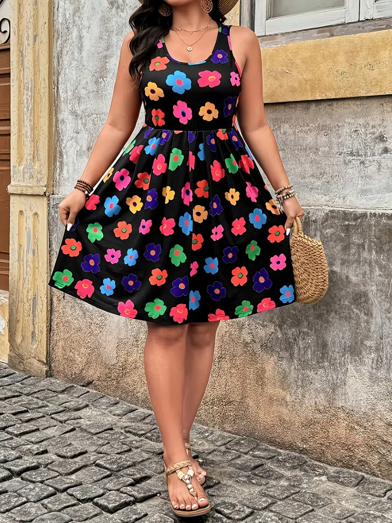 Plus Size - Plus Size - Casual Outing Round Neck Sleeveless A-Line Dress with Floral Contrast Print, Plus Size Plus Size - Plus Size - Casual Outing Round Neck Sleeveless A-Line Dress with Floral Contrast Print, Plus Size