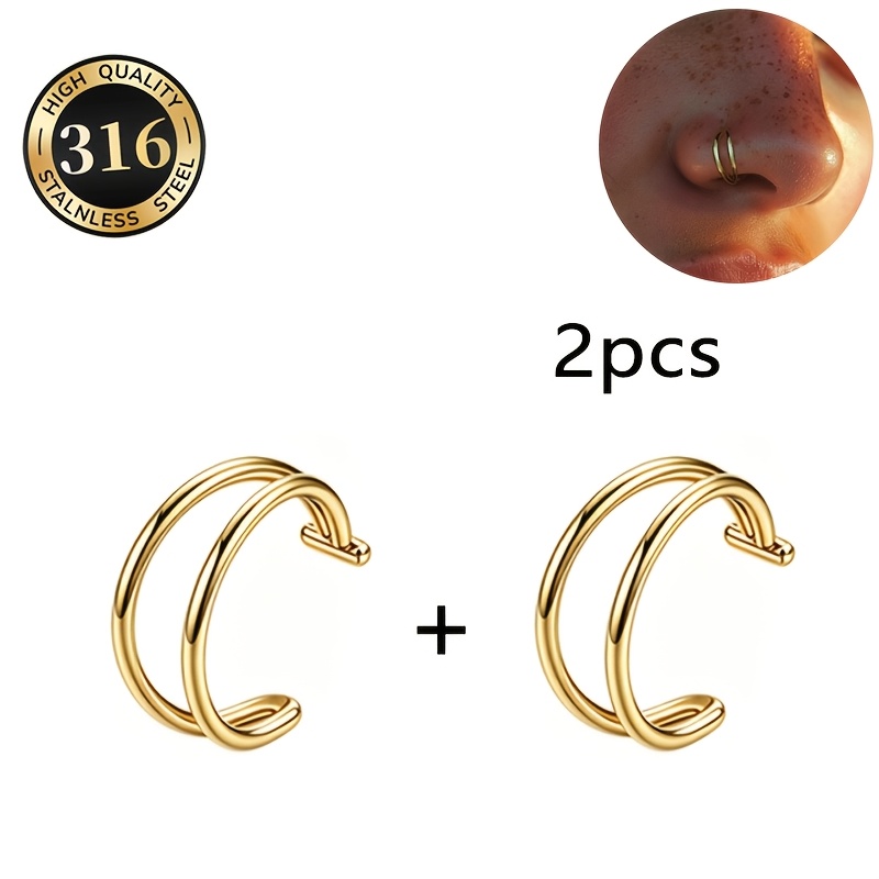 TEMU 2pcs Minimalist 20g Double-layer Open Non-piercing Fake Nose Ring Set - No Piercing Required, Used As A Lip Ring, Skin-friendly And