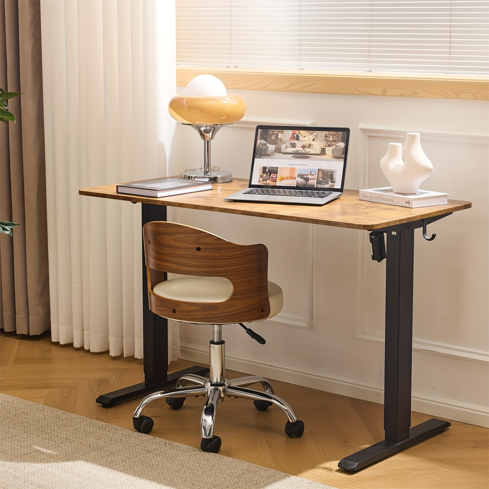Bonnlo Adjustable Height Home Office Chair - Armless Swivel Desk Chair with Manual Height Adjustment, Curved Walnut-like Backrest, White & 5-Star Base-Like Stability (No Wheels) for Small Spaces, Study, Computer Desk - Space