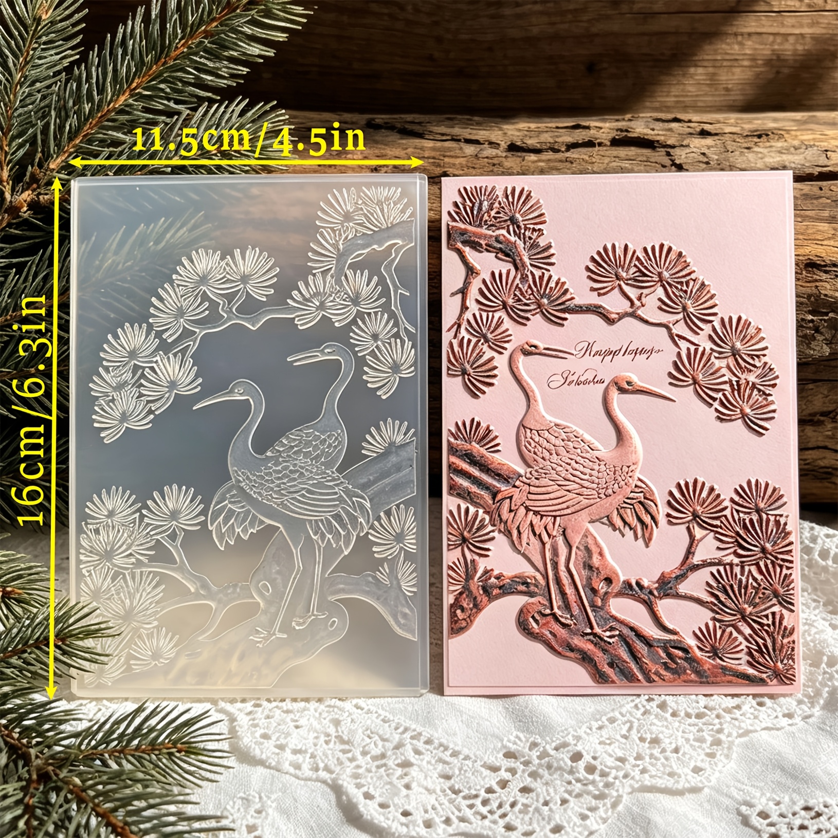 TEMU 【新商品】松鶴と桑松模様デザイン エンボス加工テンプレート、中国風双鶴模様手作りアカウントカード エンボスボード