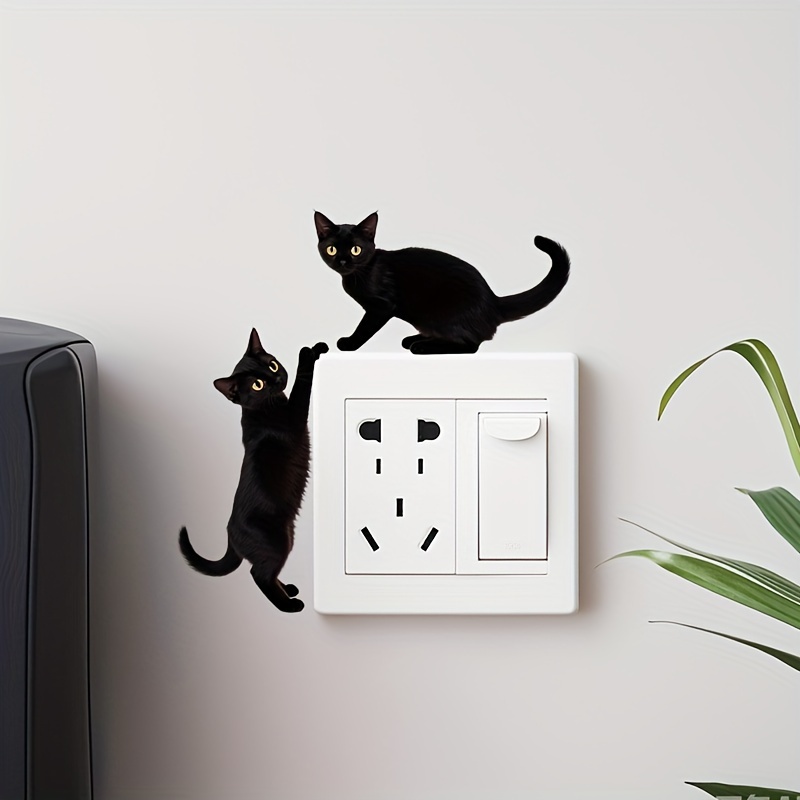 Image of 1pc Exquisite 2 Black Cats Pattern Switch Sticker - Bathroom Bedroom Living Room Decorative Wall Sticker - Removable, Self-adhesive, Easy To Clean, Reusable Home Decor Additions