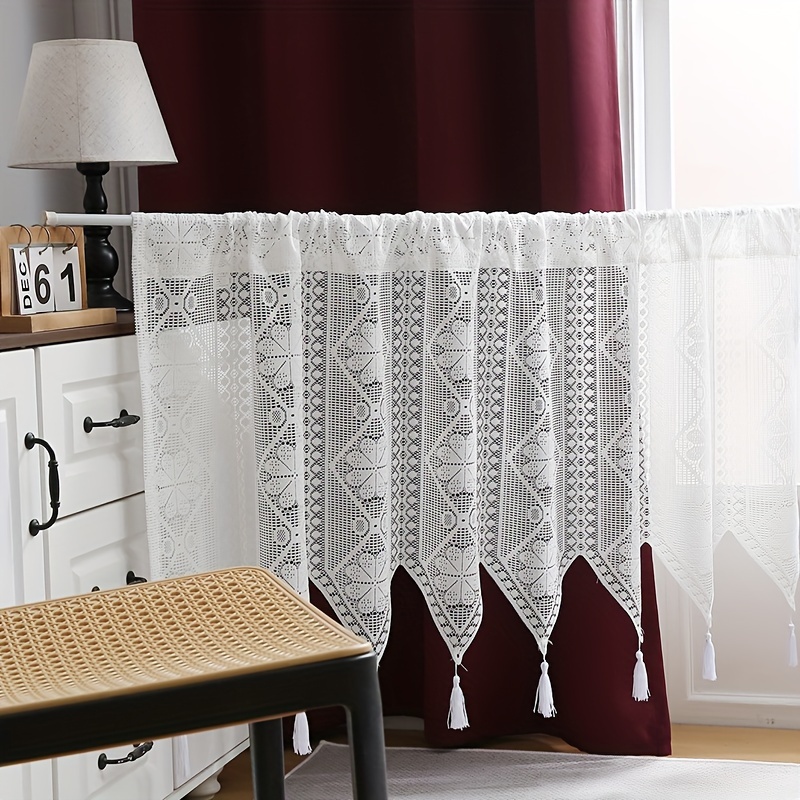 

Chic White Floral Lace Cafe Curtain With Tassels - Semi-sheer, Rod Pocket Room & Kitchen Decor