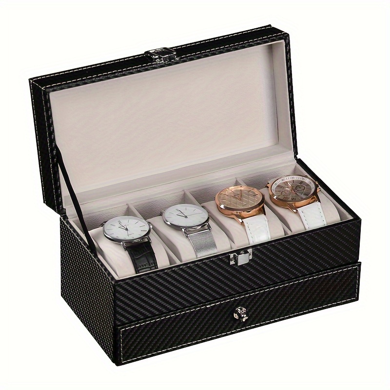 Una caja de exhibición de almacenamiento de joyas de doble capa hecha de fibra de carbono de 4 capas, con cajón de tela suave para almacenar relojes para hombres y mujeres, disponible en varias combinaciones de colores (PU interior negro, café + beige, negro + beige, negro + gris, blanco + blanco).
