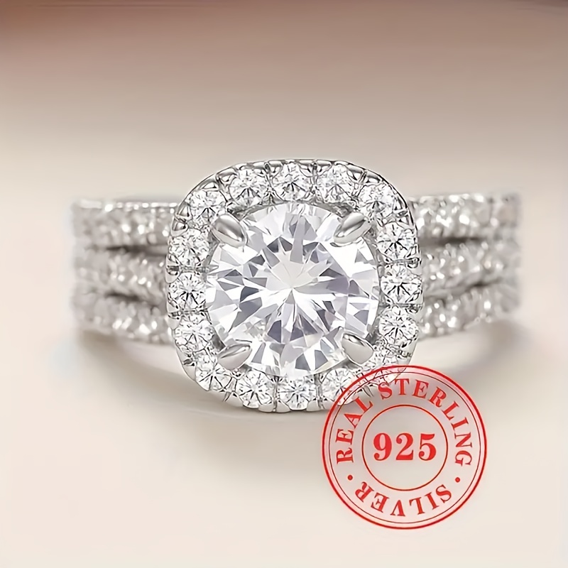 TEMU Bague d'union et de mariage pour femmes, en argent S925 925, avec incrustation carrée brillante synthétique, bijoux de mode adaptés au port ,
