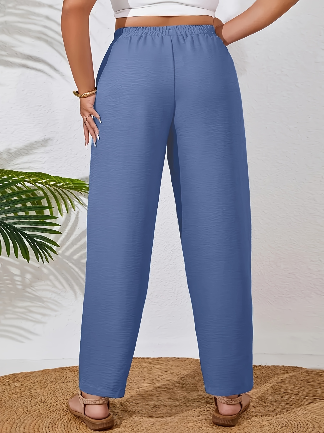 Plus Size - Women'S Plus Size Elegant Solid Color Wide-Leg Pants - Non-Stretch Fabric, All-Season Casual Trousers with Pockets, Brown, Comfortable Footwear, Stylish Accessory, Durable Fabric