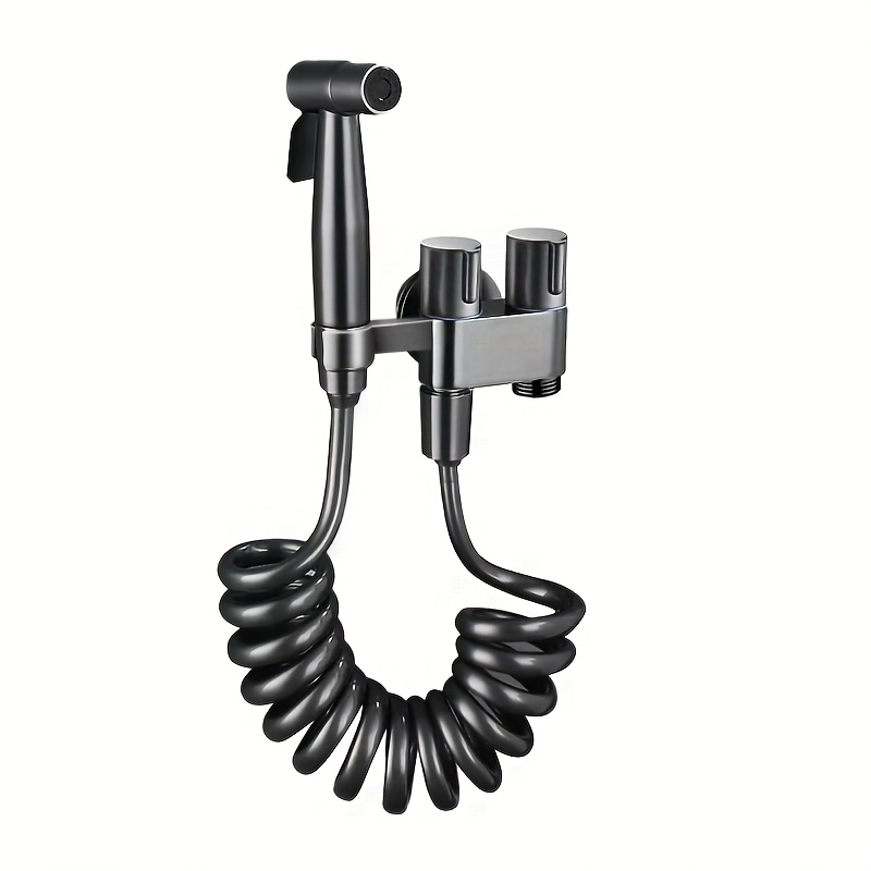 Image of 1 Set Of Handheld Gun Gray Stainless Steel Bidet Sprayer Kit With Bracket G1/2 Wall-mounted One-in-two-out Angle Valve With Stainless Steel Spray Gun Telescopic Hose
