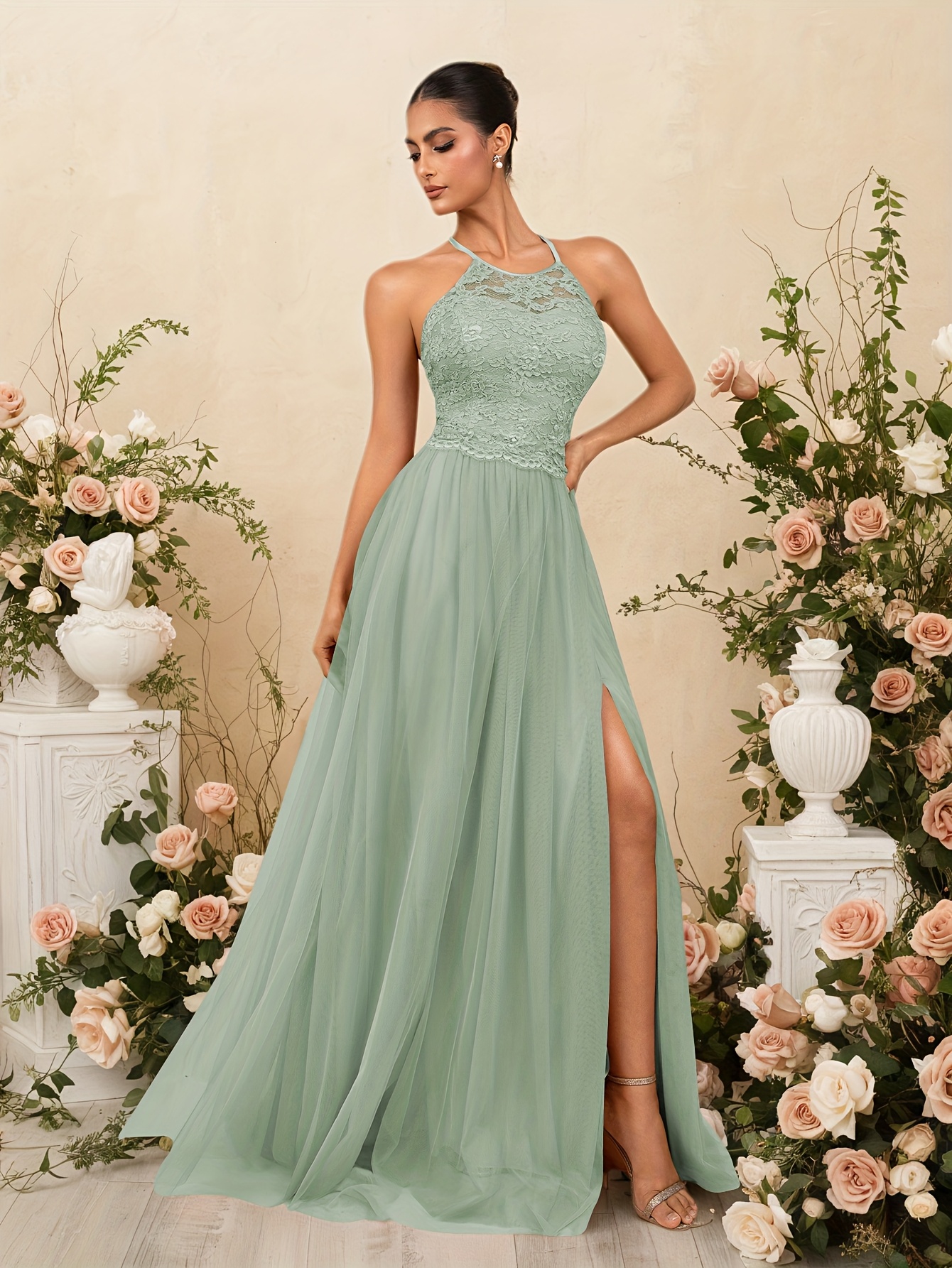 white v neck fit and flare dress Asymmetrical-Neck Pleated Fitted Prom Dress Long Lace Sleeves Floor-Le –  SQOSA main image 0