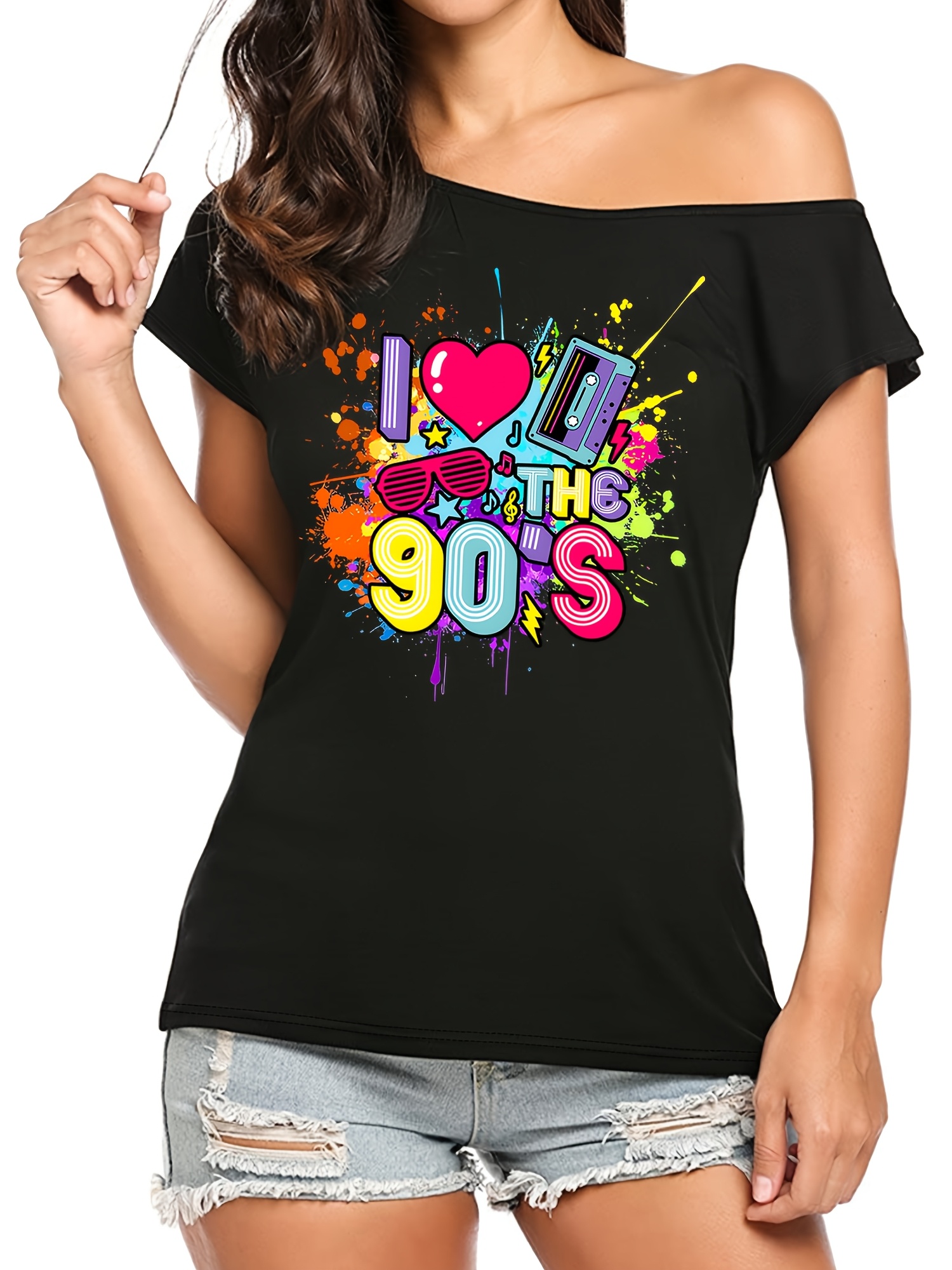 Camicia Top Spalla Scoperta Donna 'I Love The 90s' – Viscosa, Stampata, Festa A Tema