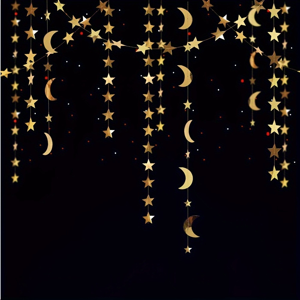 Golden Star and Moon Garland, Paper Party Banner, Festive Shimmering Small Stars, for Wedding, Birthday, Christmas, Eid, Room & Garden Decor, No Power Required