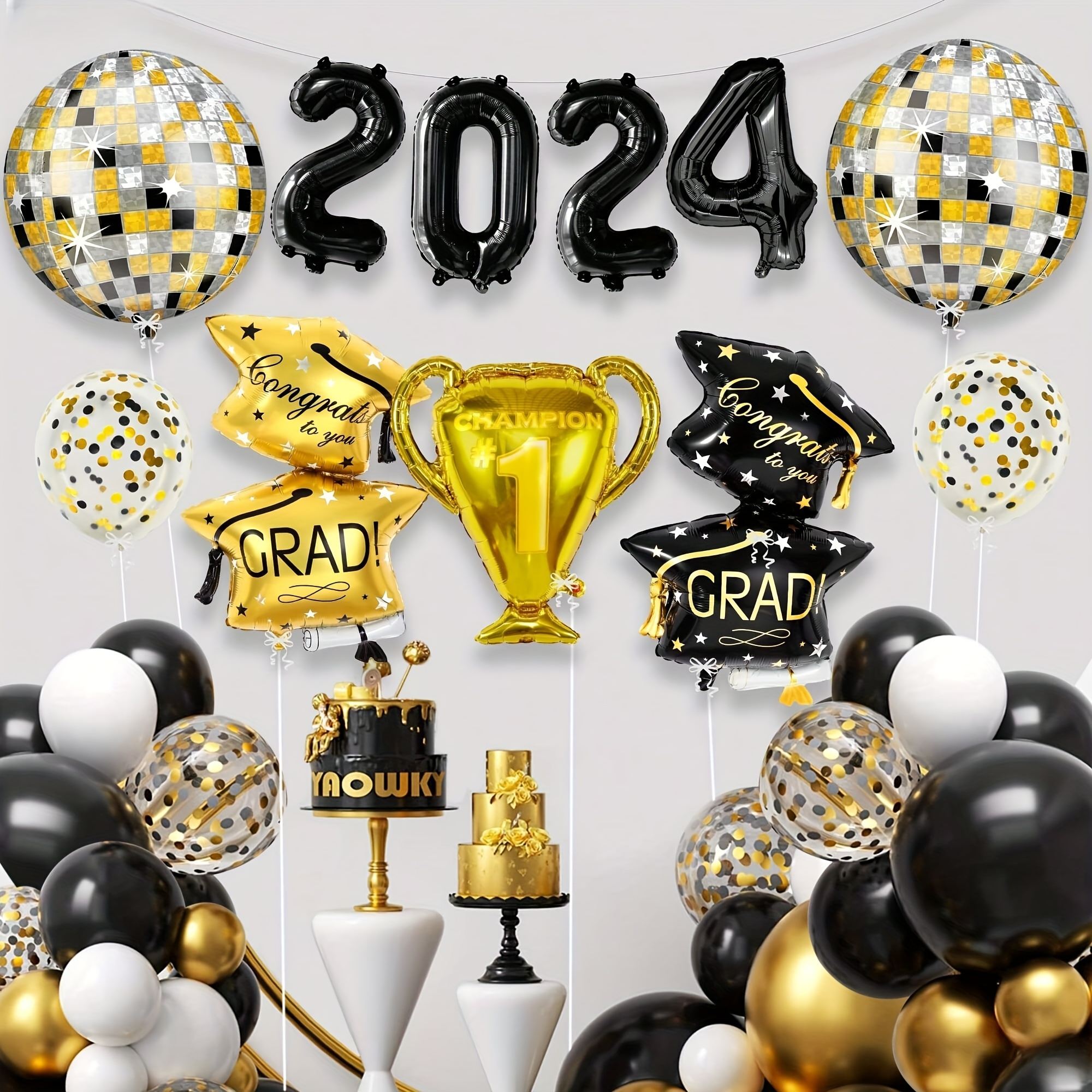 

11pcs, Graduation Party Balloons Kit, Black And Golden, 2024 Graduation Theme Decorations, Congrats Grad & Champion Trophy Design, Festive Decor For Grad Celebration