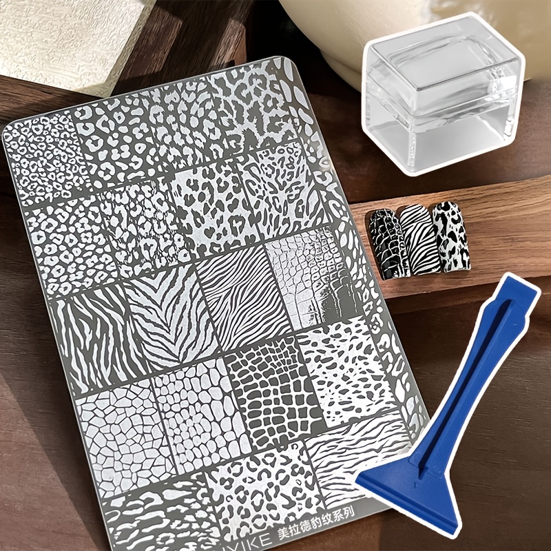 Image of 3pcs Nail Plate Set With Stamp And Scraper Tool, For Diy Leopard Print Template Patterns And Nail Embossing - Easy-to-use Clear Stamp Nail Accessories, Smooth Stamping Tool, For Beauty Enthusiasts