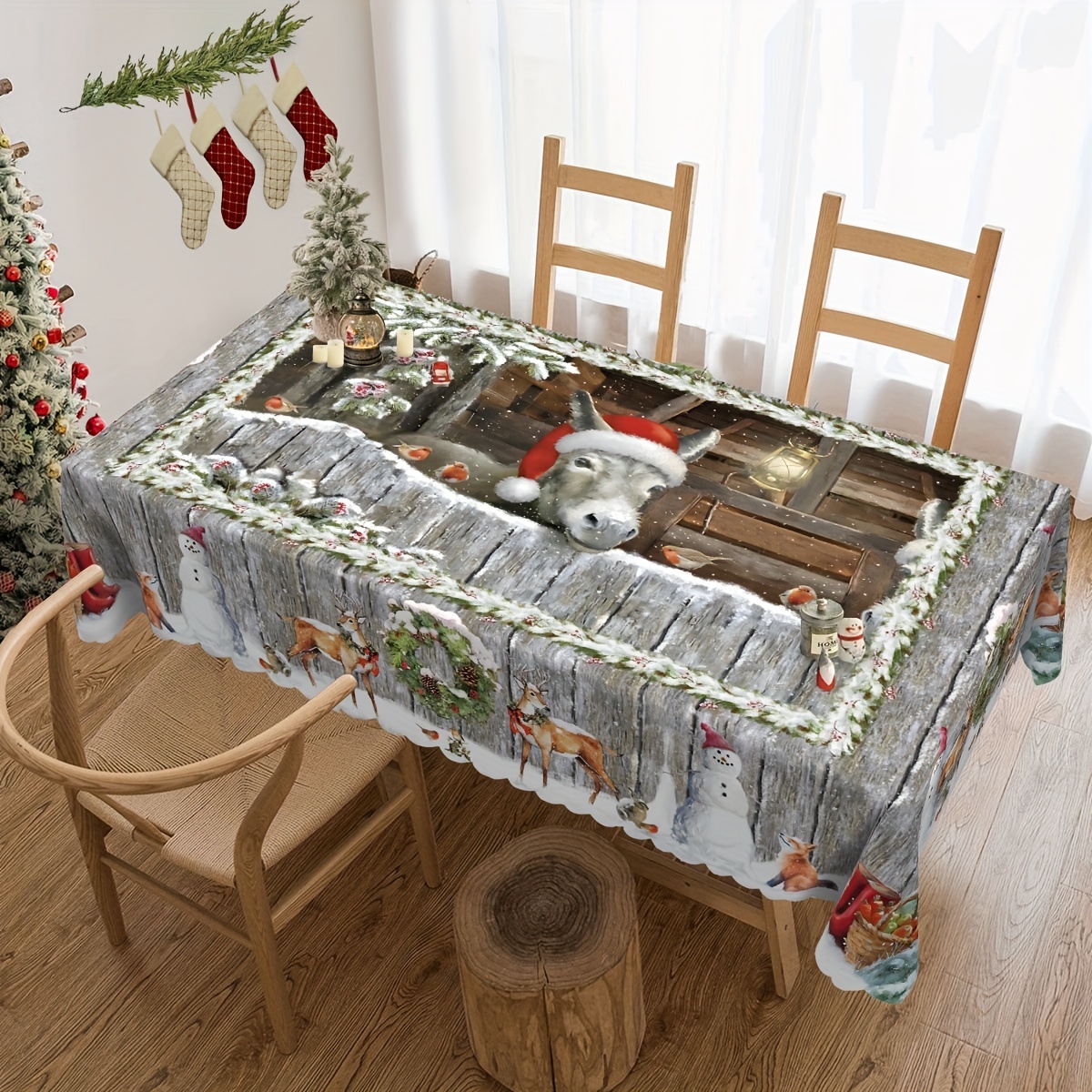 TEMU 1pc Rectangular Round Tablecloth | Christmas Bible Story Nativity Animal Donkey Reindeer Fox Snowman Tablecloth, Painting Style, Winter Decor,