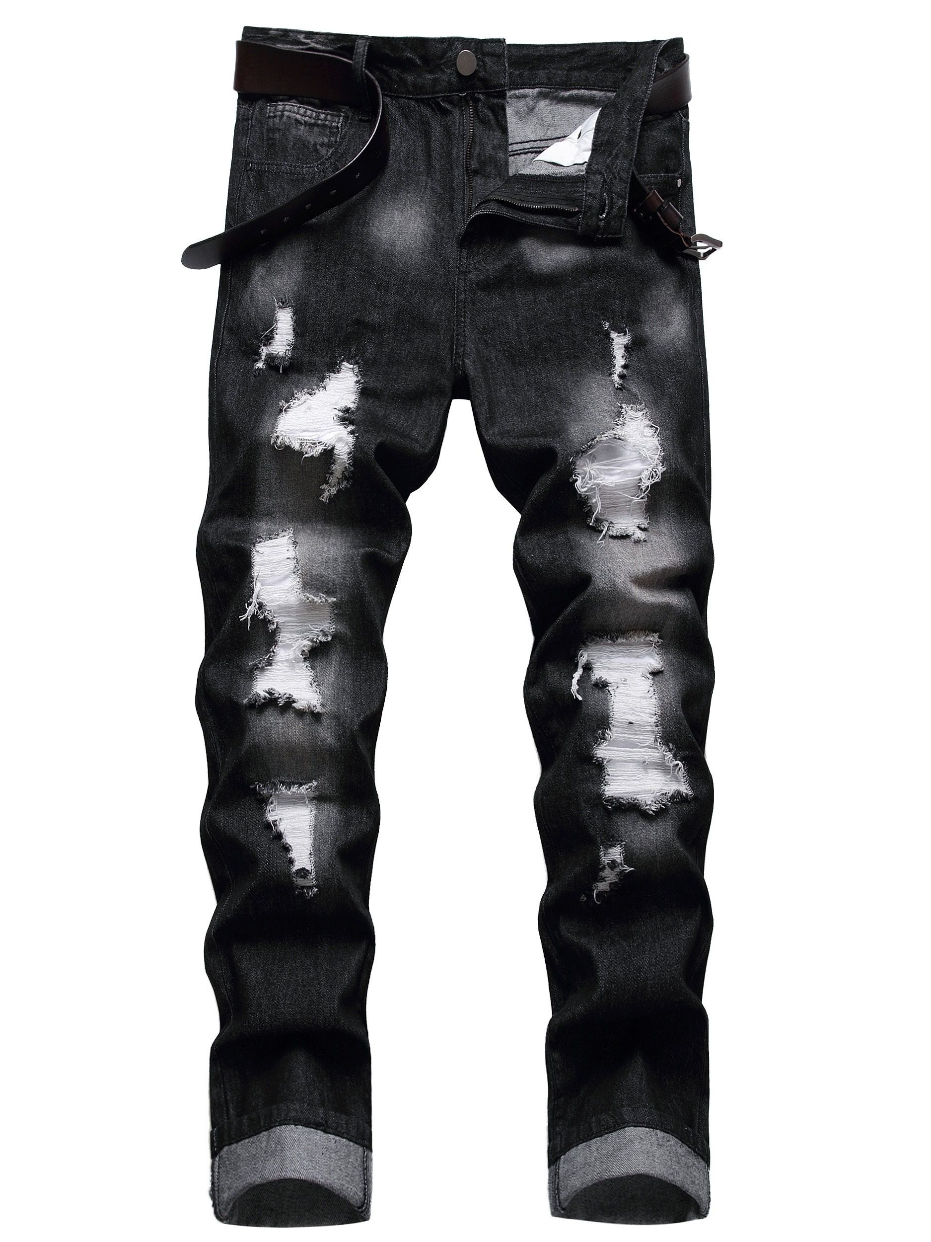*'S Black Washed Denim Jeans With White Patch Rips Cyber Distressed  Straight Leg Pants Plus Size 38-48