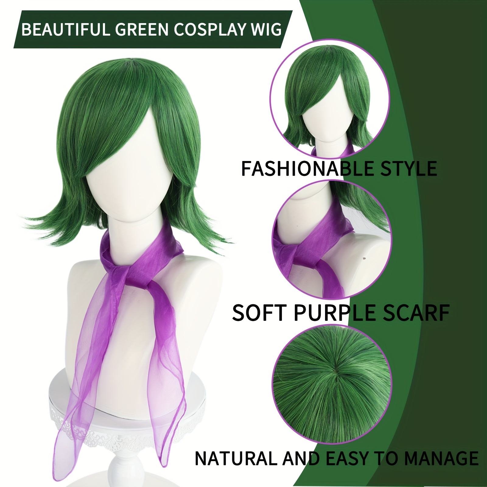 halloween disgust green costume wig purple scarf short flip Temu