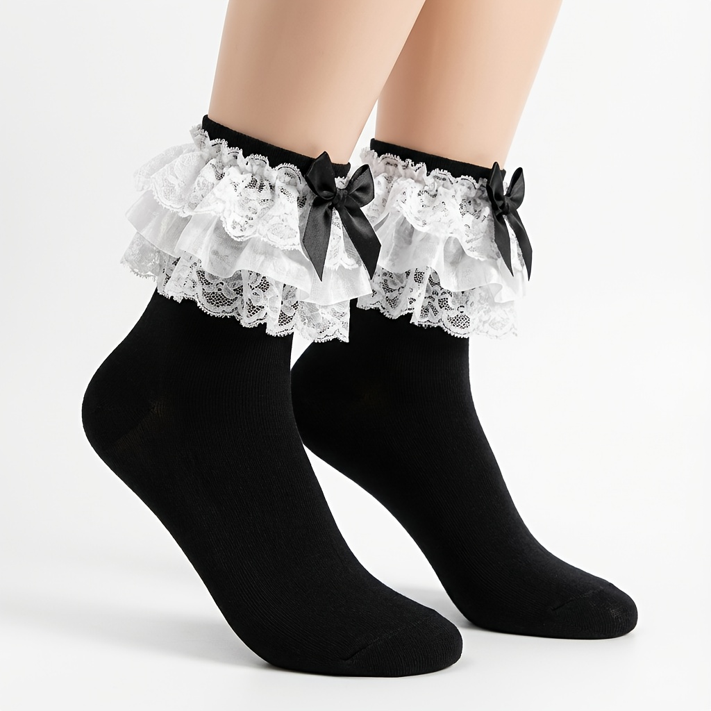 E-shop Wadenhohe Socken im süßen Schleifen-Lolita-Stil, Schwarz Weiß, mitteldicker Stil für Frühling/Herbst mit großer Spitzenborte