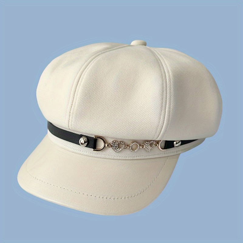 TEMU 1pc Women's Autumn/winter Metal Heart Chain Beret, Vintage Versatile Fashion Comfortable Flat Cap, Suitable For , Cycling, Daily Wear, Newsboy,