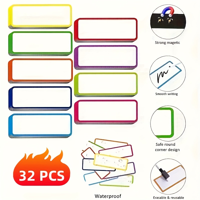 Image of 32/64pcs Colorful Magnetic Dry Erase Labels Reusable Blank Name Tags Ideal For Classrooms Home Offices Garages Refrigerators Storage Cabinets And Shelves Reusable Stickers Decorative Creative Tags