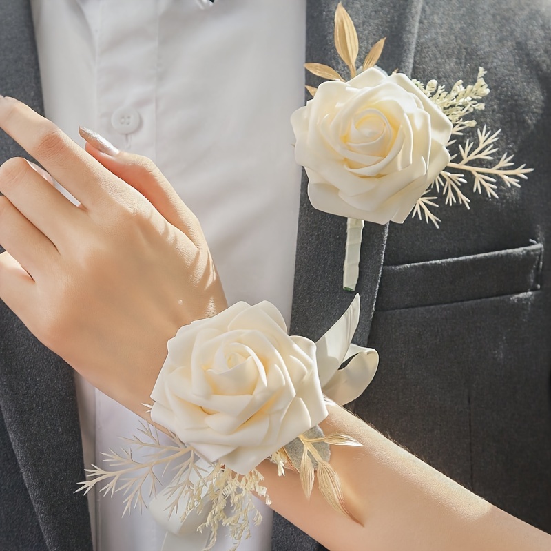 TEMU 2pcs White Rose Flower With Premium Corsage And Wrist Flower Set Suitable For School Activities, Evening Parties, Travel Parites