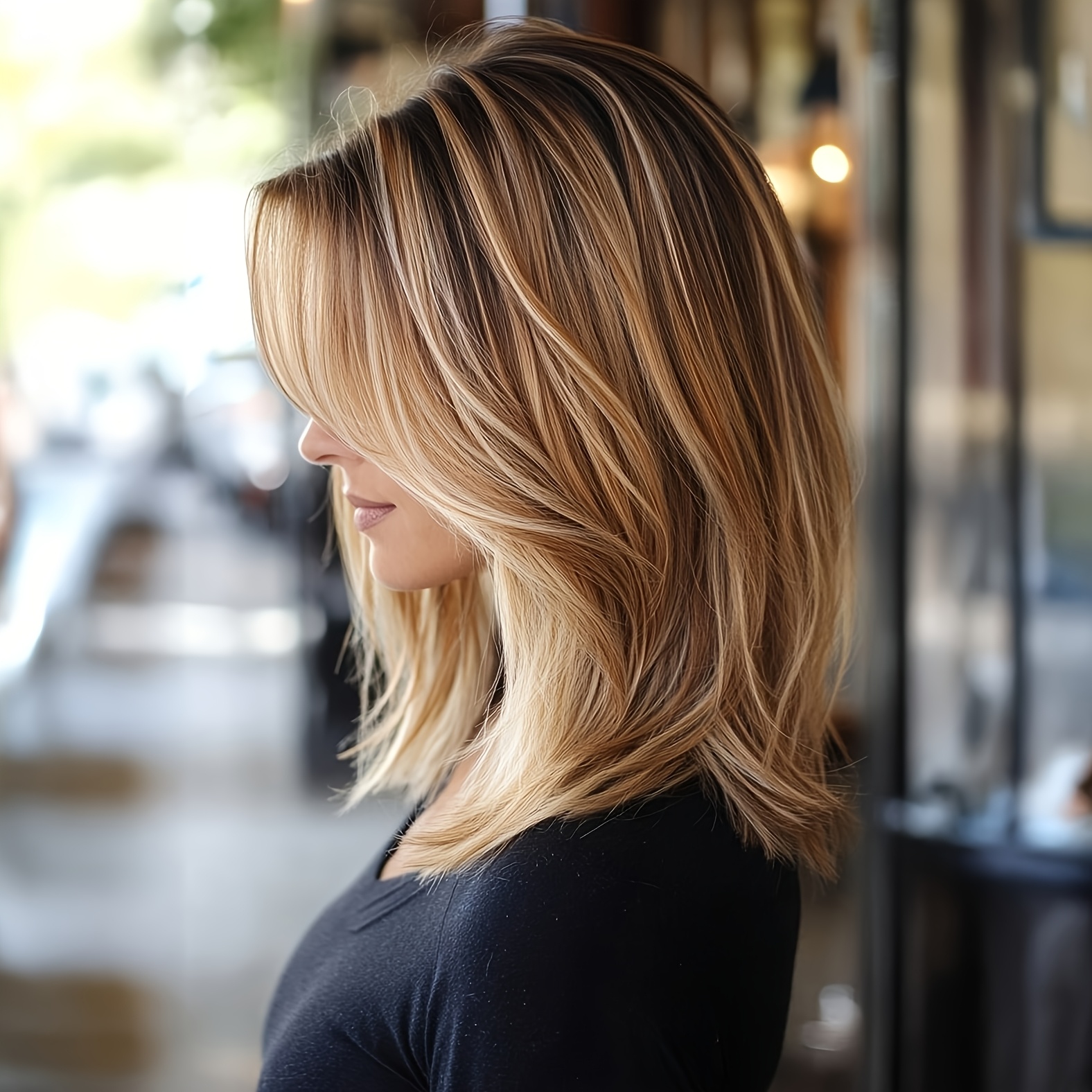 TEMU [] Elegant 20-inch Women's Ombre Wig - Layered Natural Synthetic Hair With To Light Tips, Matte , High-temperature Resistant, , 130% Density