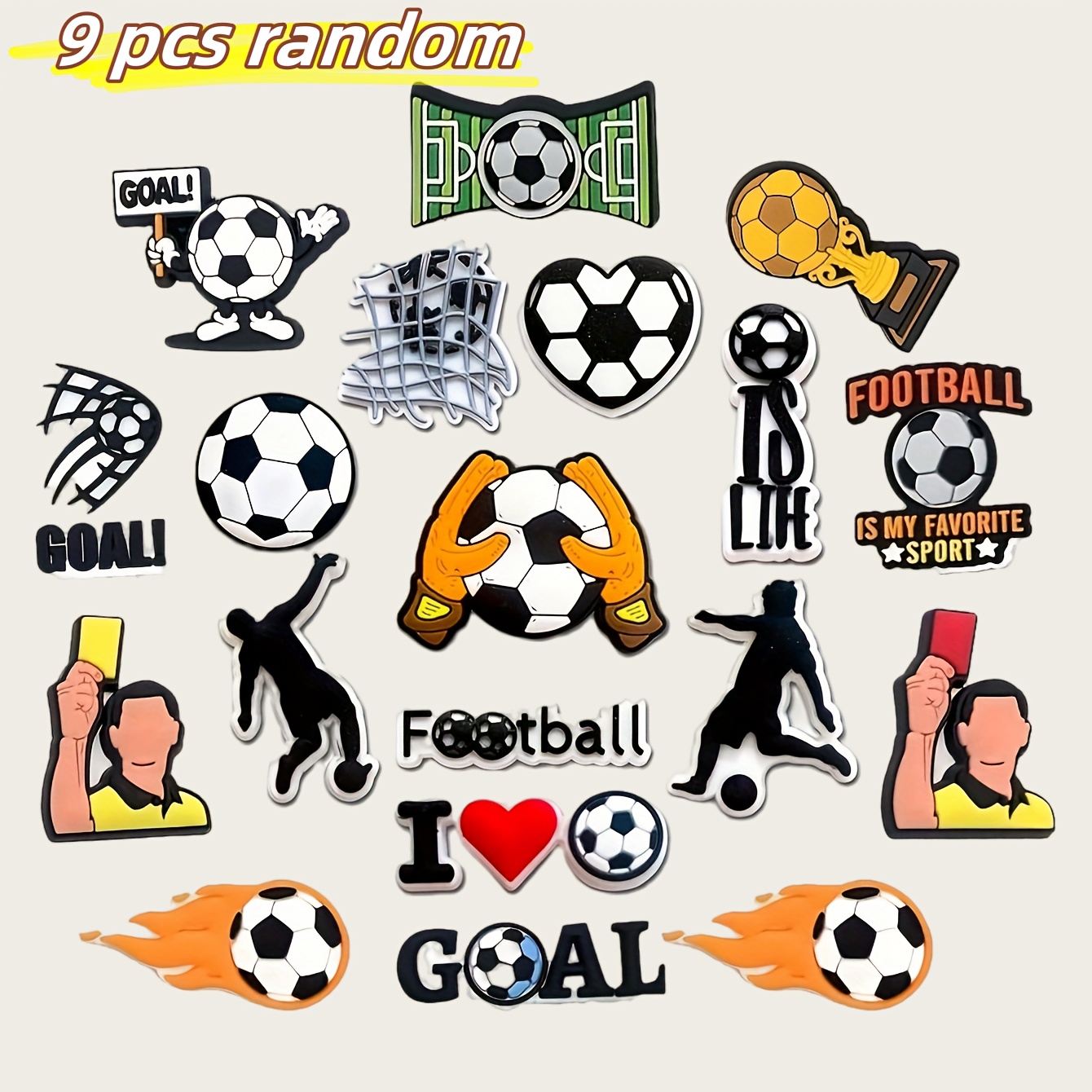 9pcs Random Soccer-themed Shoe Charm Set - Durable Pvc Material, Suitable For Beach Bags And Shoes - Ideal Gift For Sports Fans On Birthdays, Christmas, Valentine's Day, Halloween