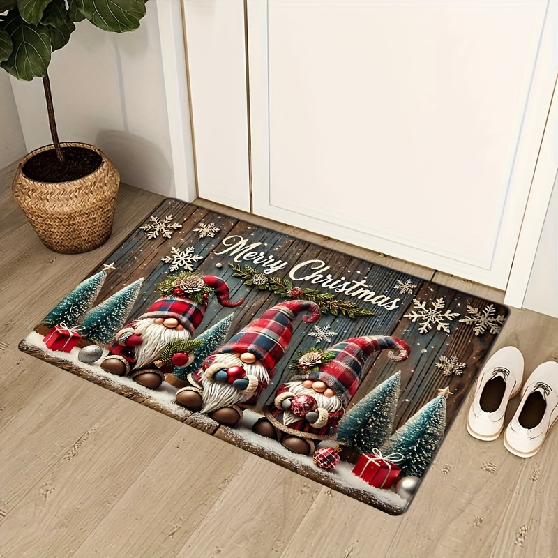 christmas gnome print flannel door mat thick non slip absorbent rug for home decor   bedroom living room and entryway details 4