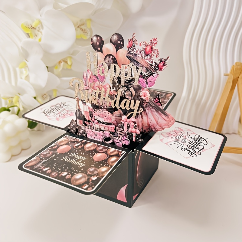 

3d Pop-up Birthday Greeting Card Set With Envelope - Cartoon Patterned Paper Material, Laser-cut Design, Personalized For Any Recipient, Black And Pink Balloons, Cake, And Decorations - 1 Piece