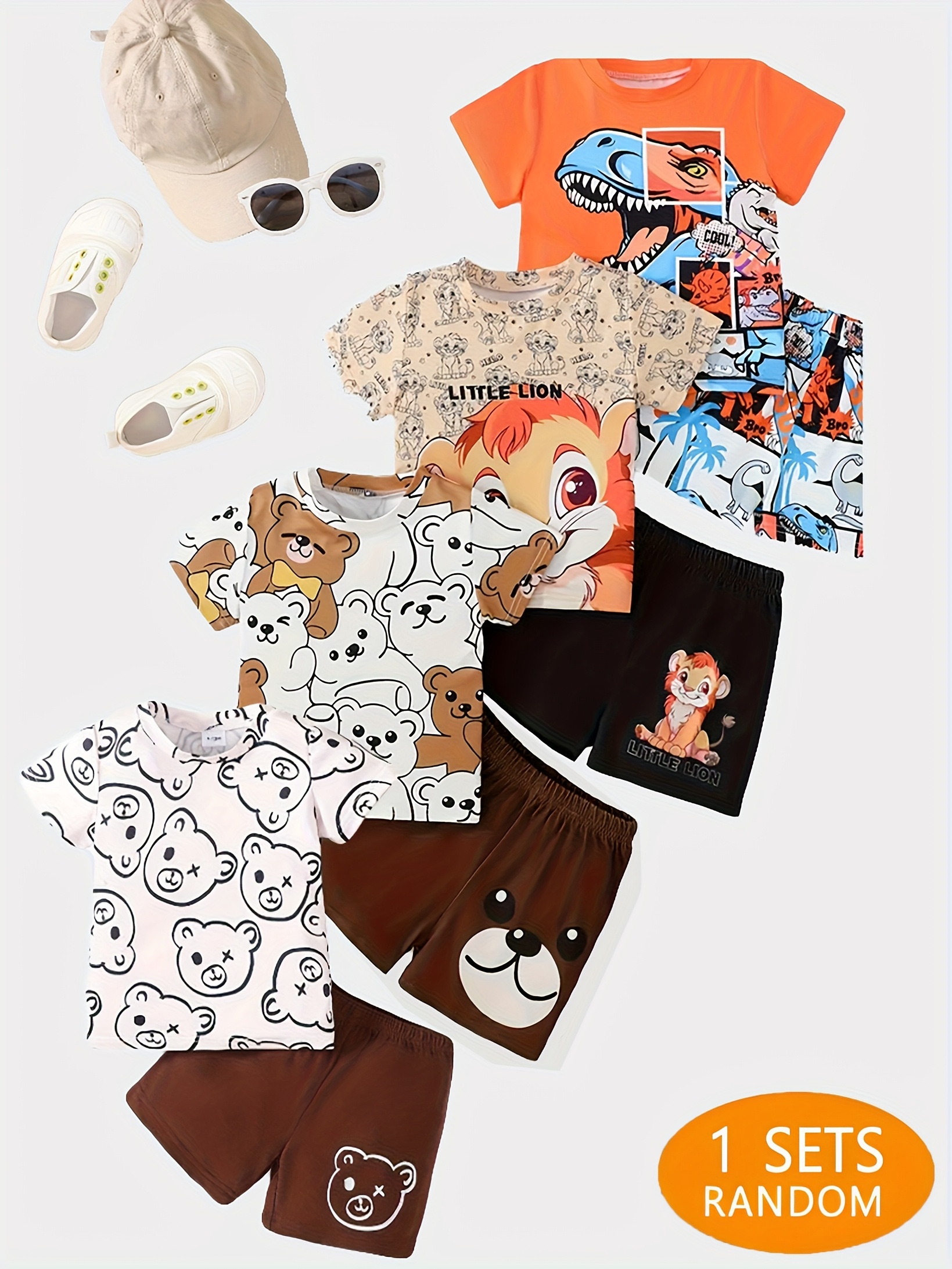 black and white bear     little dinosaur print short sleeve casual   for spring and summer outdoor sports and daily leisure for outdoor