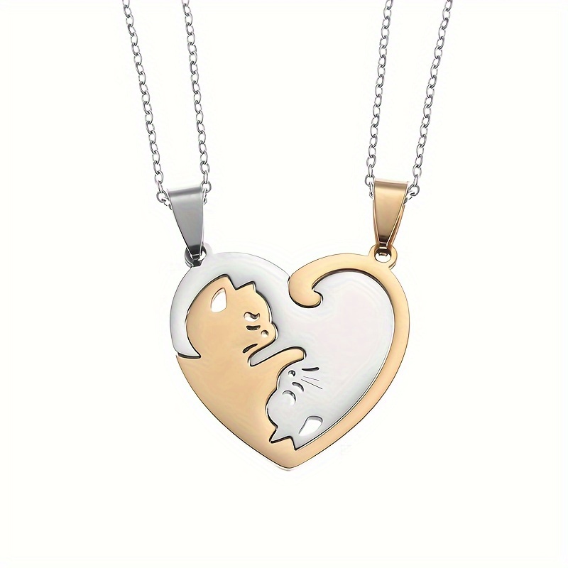 Image of 2pcs Cute Cat Pendant Stainless Steel Necklace Stitching Women Fashion Couple Necklaces Jewelry Gifts