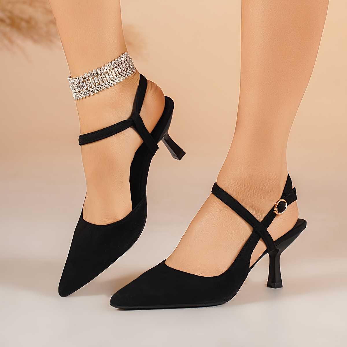 Women'S Plus Size Black Pointed Toe Strappy Heels - Elegant High Heel Shoes with Sparkling Ankle Strap, Perfect for Weddings, Parties, and Formal Events, Stylish High Heel Shoes|Sparkling Ankle Strap|Rubber Sole Heels