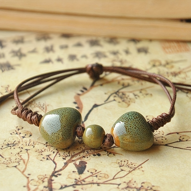 Vintage Ethnic Love Heart Ceramic Bead Bracelet Rustic Style