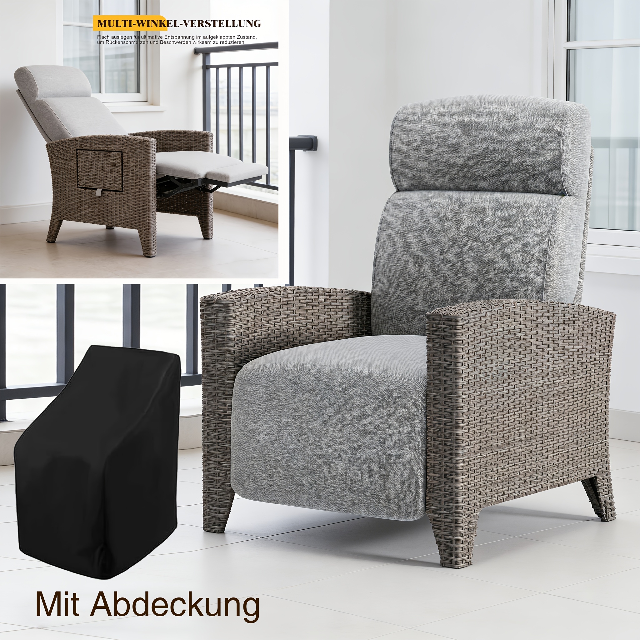 Pe Rattan Reclining Chair With 160° Relax Function Folding Side Table Adjustable Lounge Chair For Garden, . Thick Seat Cushion And Protective Cover, Grey (150kg Load Capacity)
