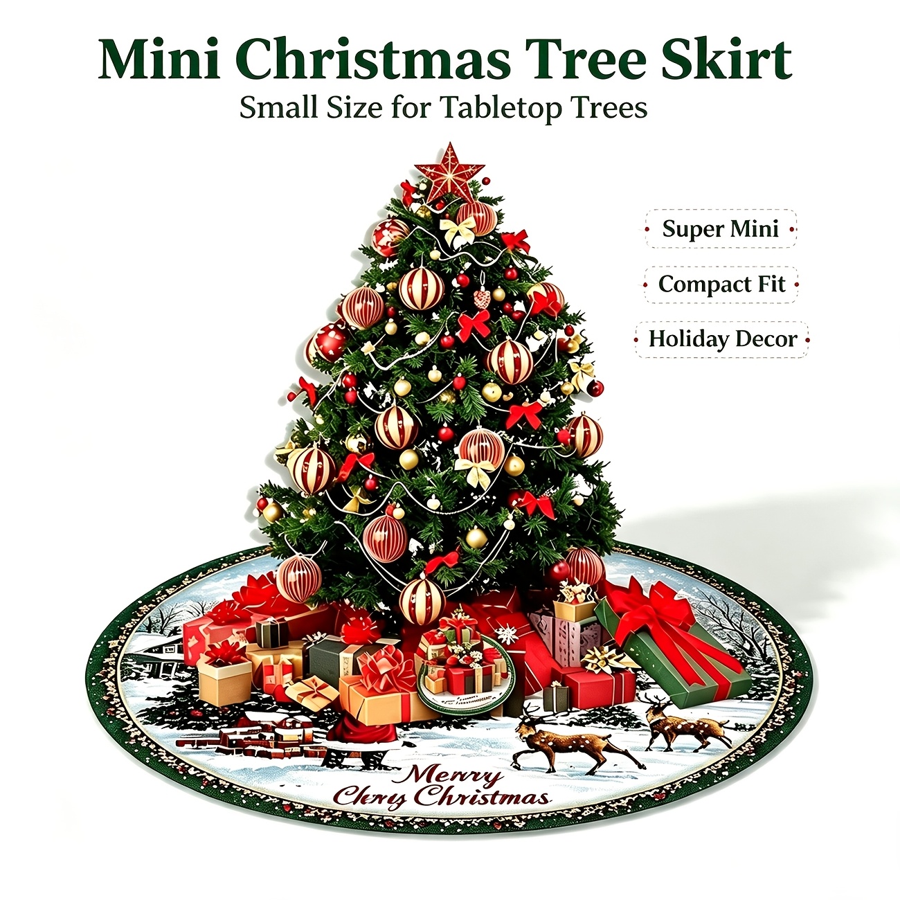 Christmas. Christmas Tree Skirt. Santa Claus And Reindeer Christmas Tree Skirt Classic Festive Decorations For Home, Party And Yard | Material, With Golden Embellishments, Christmas Decorations