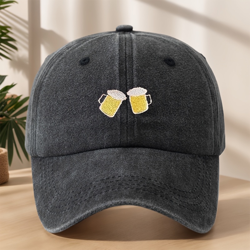 TEMU High-quality Embroidered Baseball Cap Featuring A Beer Design, Lightweight, Soft, Comfortable, Sweat-absorbing, Breathable, Classic Washed