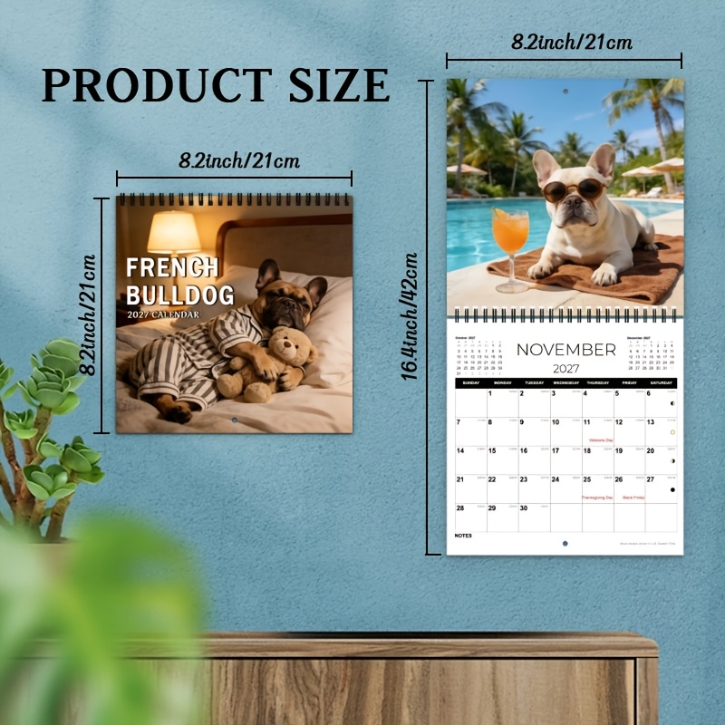 TEMU Agenda mural pliant 2027 avec design esthétique et amusant de français, pour des chiens, mise en page à grille carrée large de 12 mois, photos