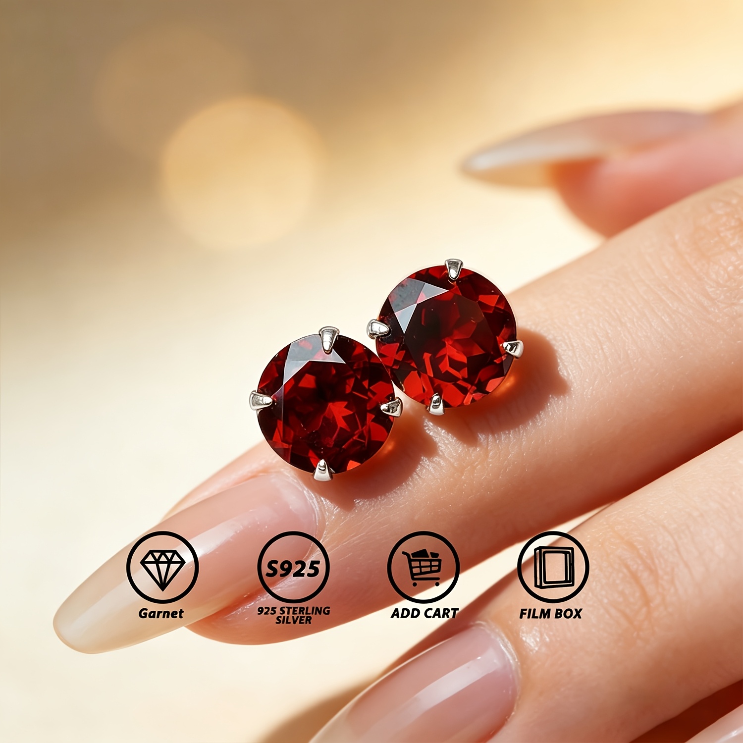 TEMU Natural Garnet S925 Sterling Silvery Stud Earrings, Hypoallergenic And Lightweight, Exquisitely Small And Delicate, Set With A 6/7mm Round