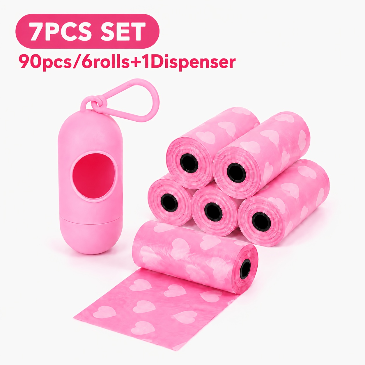 TEMU 7pcs Set, 90 Count/6 Rolls Pet Waste Bags With 1pc Dispenser, Heart Print Dog Poop Bags, Black 3 Colors, Portable Easy-tear Refill Rolls For Dog