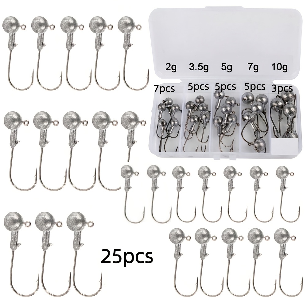 TEMU 25 piezas/ cabezas de señuelo tipo crank duro con anzuelo de cabeza metálica, anzuelos afilados de 2 g, 3.5 g, 5 g, 7 g, 10 g para carpa,